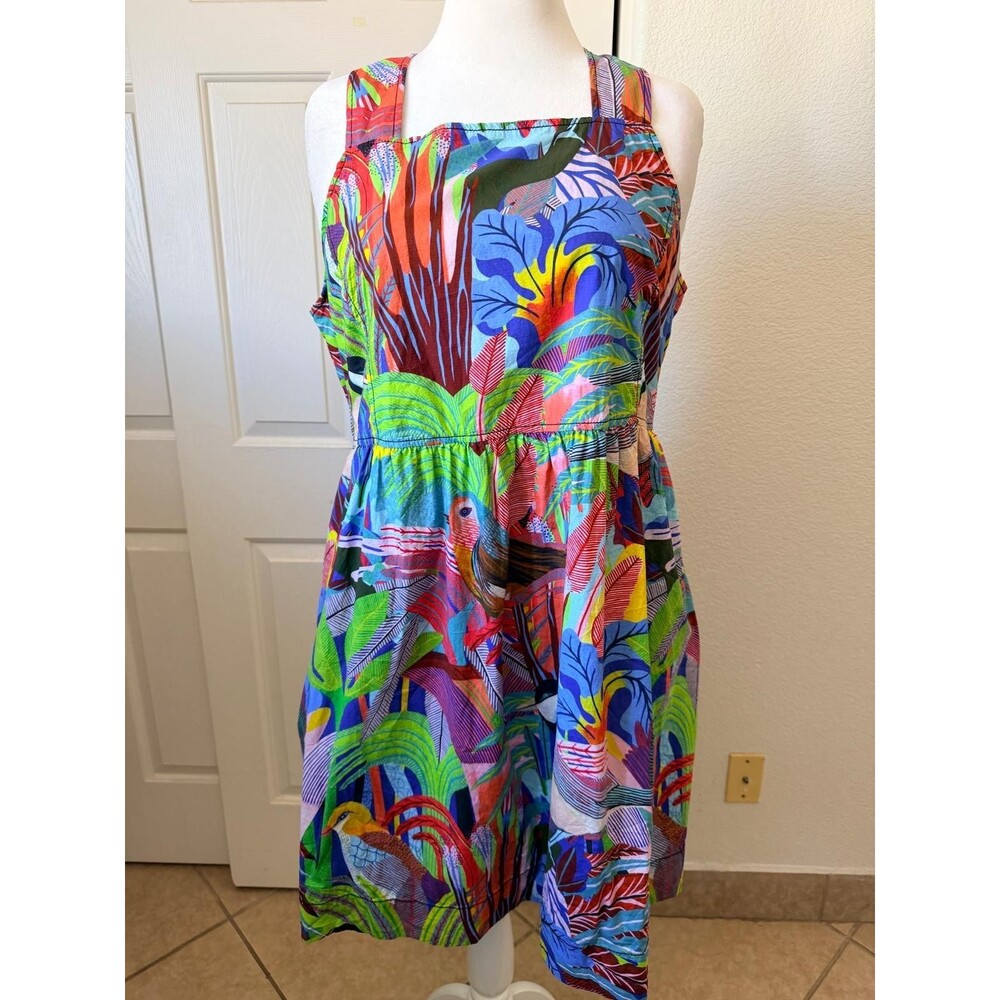 Anthropologie Orange Sigal Bird Palm Sundress Crossback Pockets Size XL Tropical - Picture 2 of 14